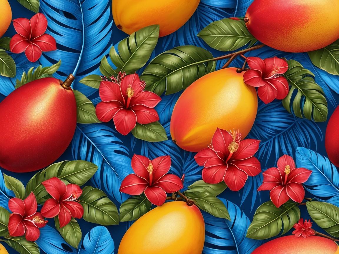 Vibrant Tropical Pattern with Mangoes and Hibiscus Flowers