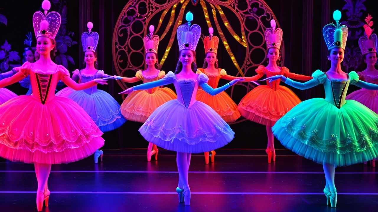 Ballet Dancers in Colorful Tutus and Whimsical Crowns