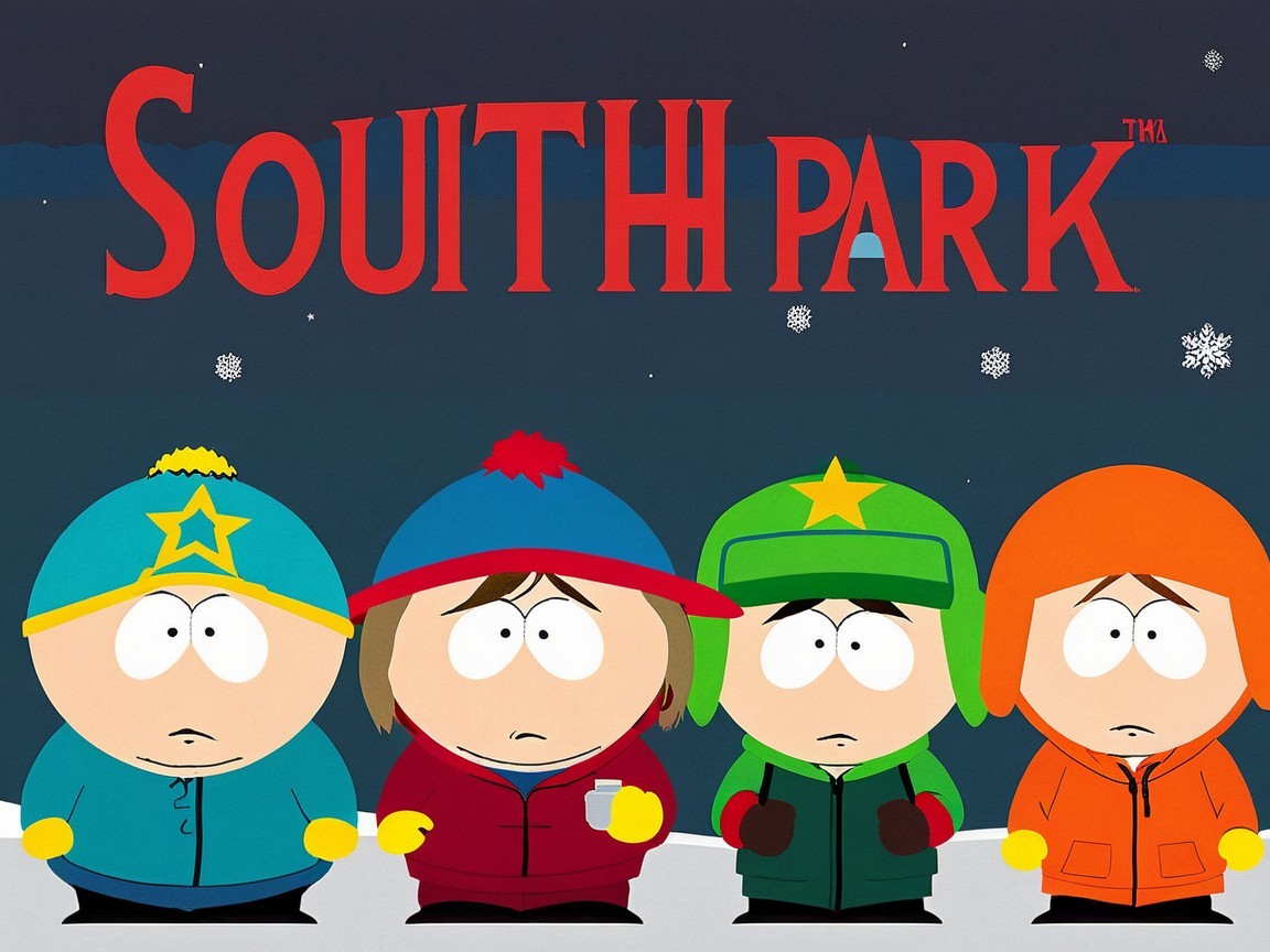 Four Iconic Characters from South Park in Snowy Scene