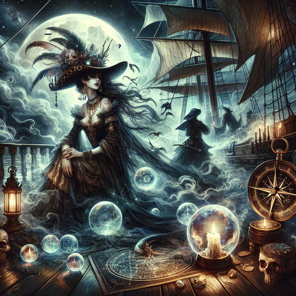 Mystical Witches on a Pirate Ship at Night