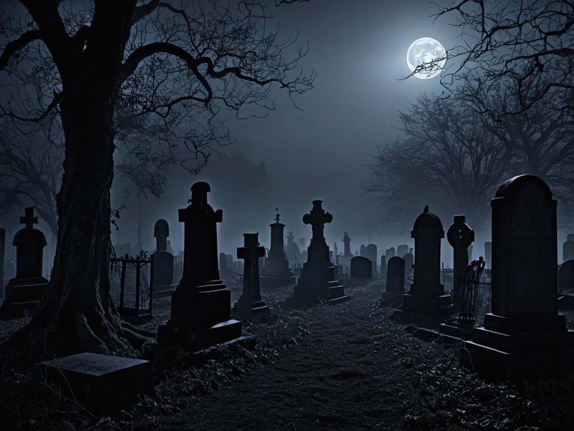 Haunting graveyard with moonlit tombstones and fog