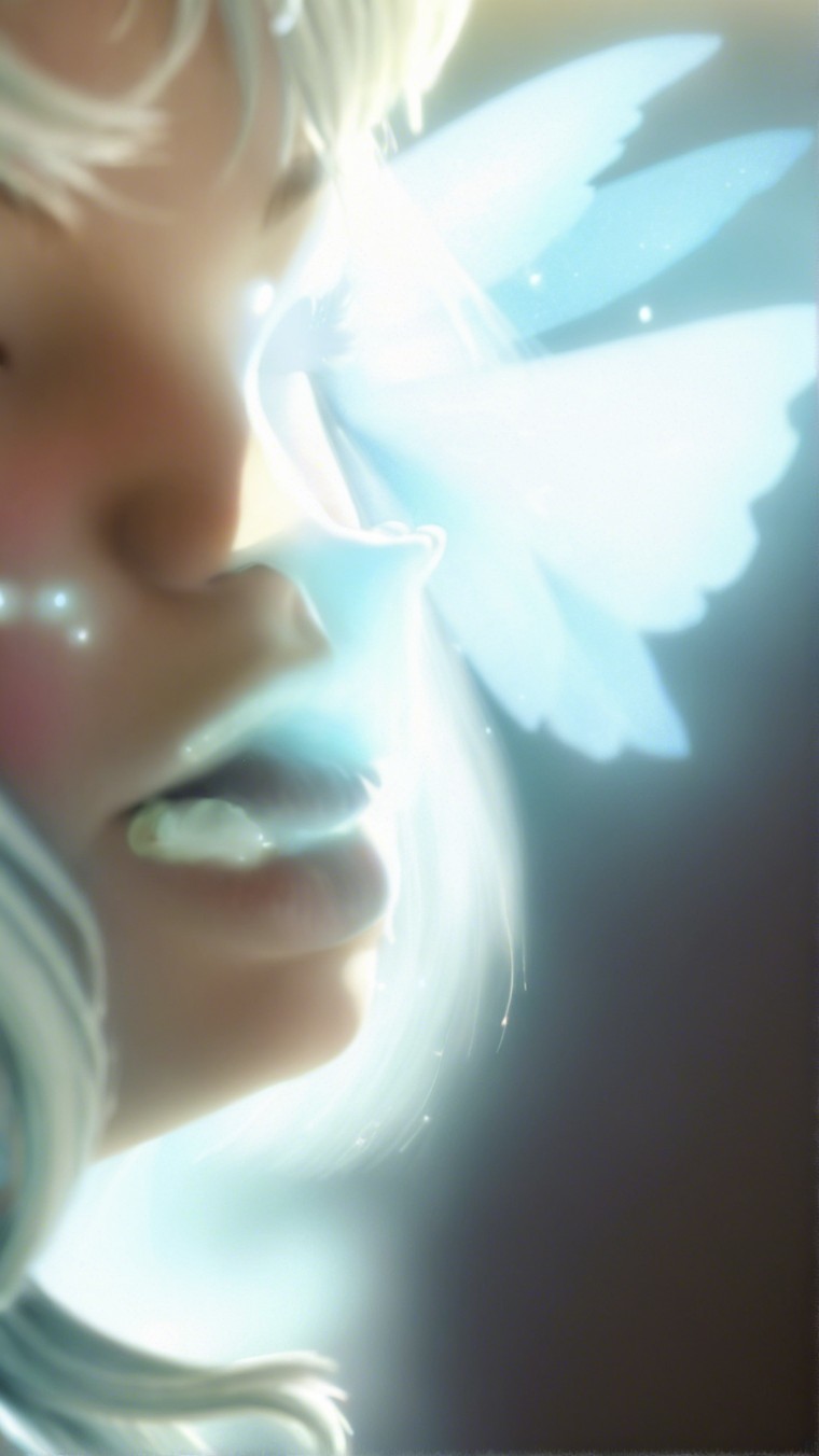 Close-up of a serene face with flowing hair and butterflies