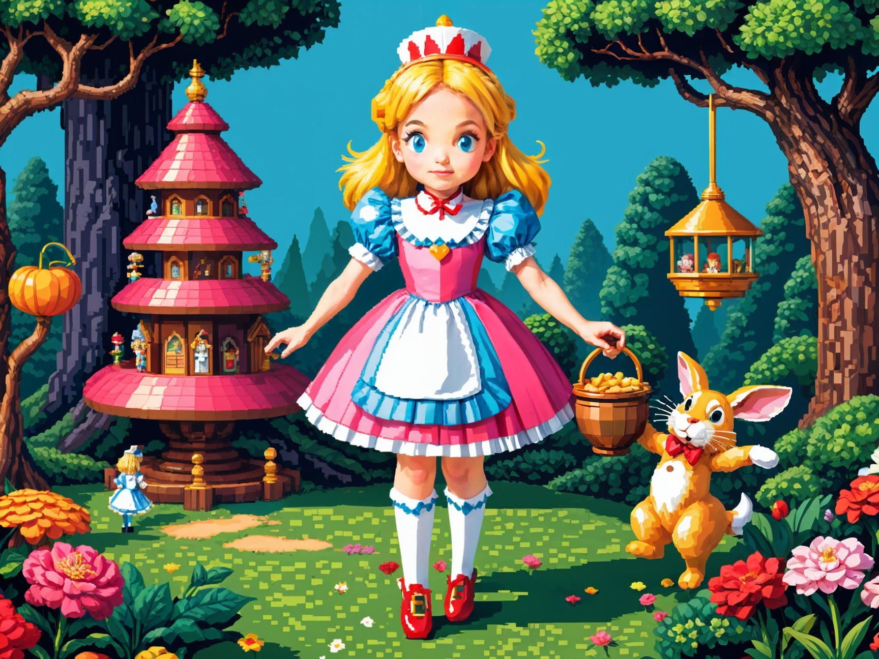 Pixel-Art Scene of Girl with Rabbit and Mushroom Houses