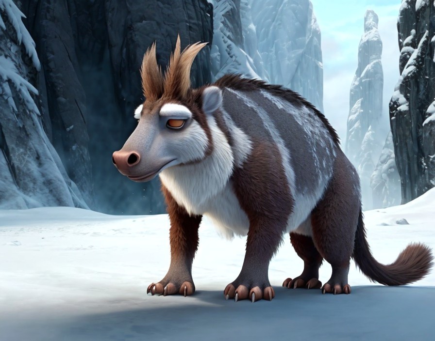 Cartoonish creature in snowy landscape with icy cliffs