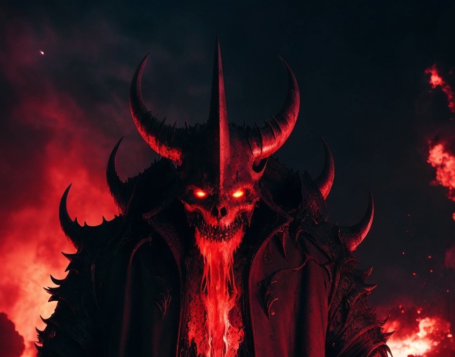 Menacing figure in dark armor against fiery backdrop