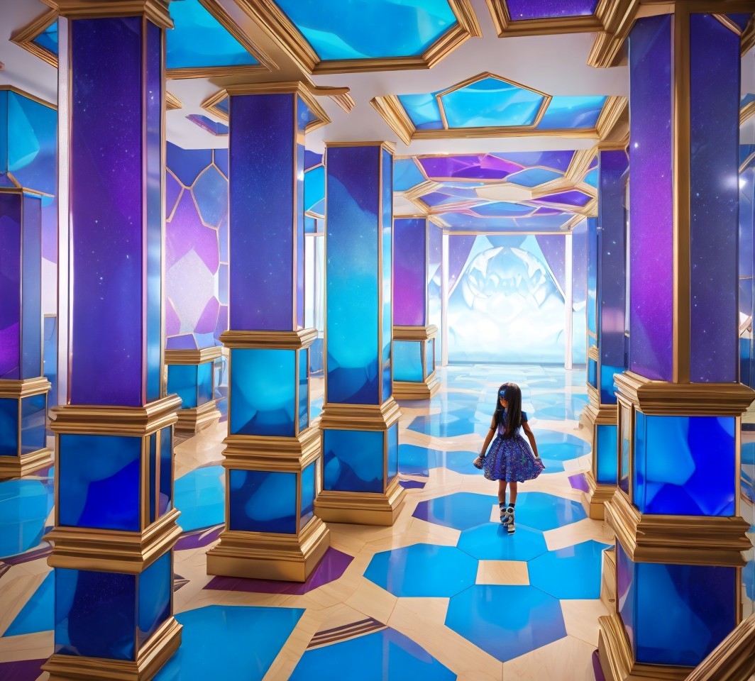 Young girl in blue dress in a vibrant, surreal room