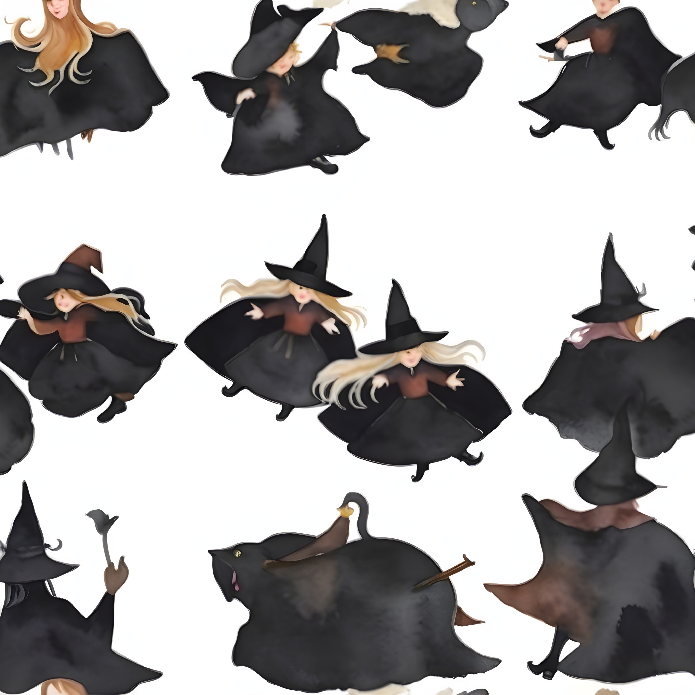 Whimsical Cartoon Witches Dancing with Animals