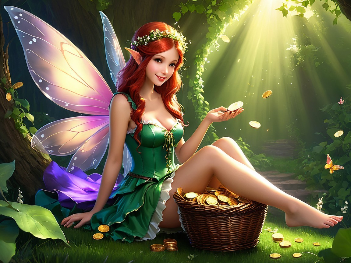 Whimsical Fairy in Sunlit Forest with Golden Coins