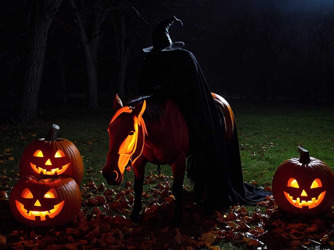 Cloaked figure on horse in moonlit forest with pumpkins