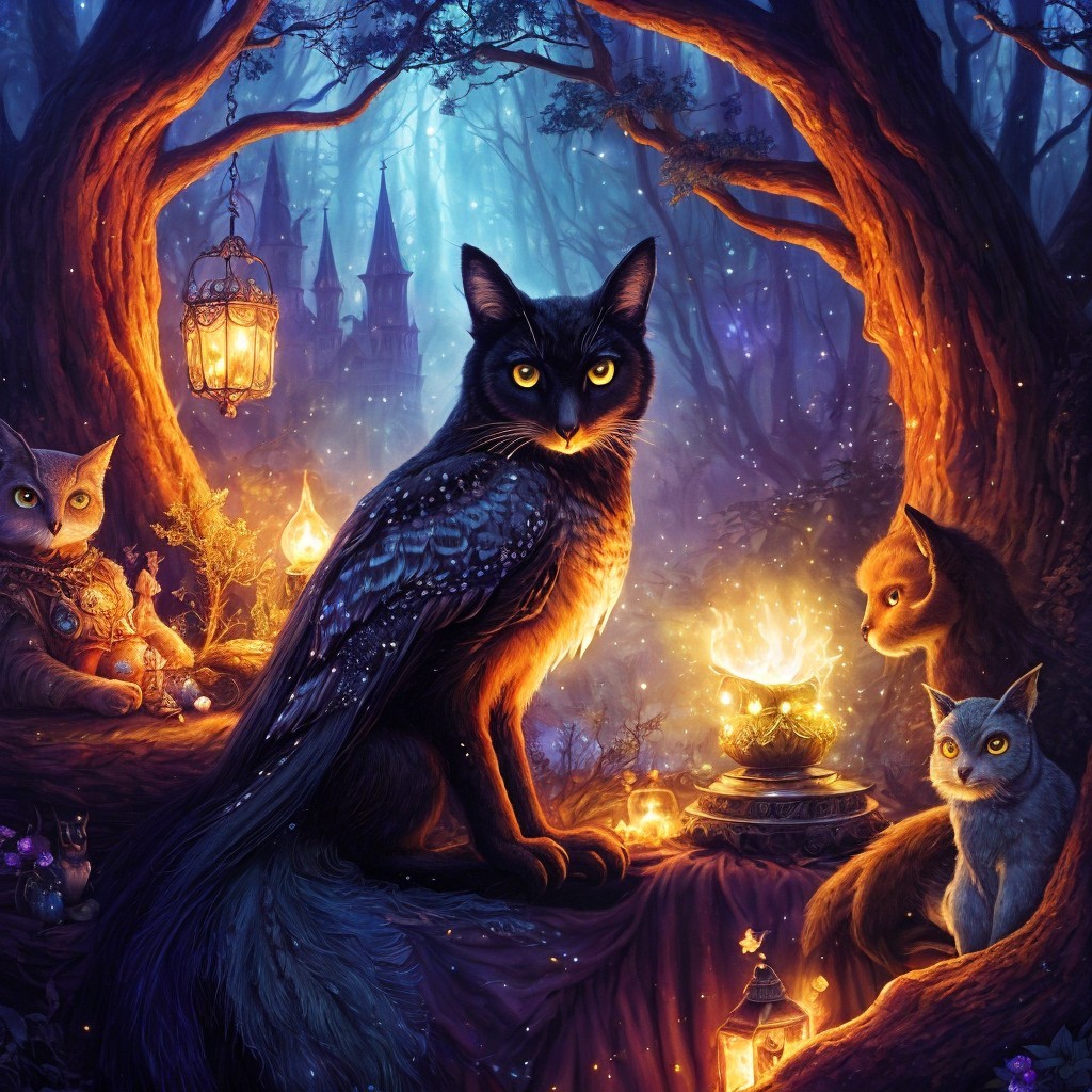 Mystical forest scene with glowing cat and creatures