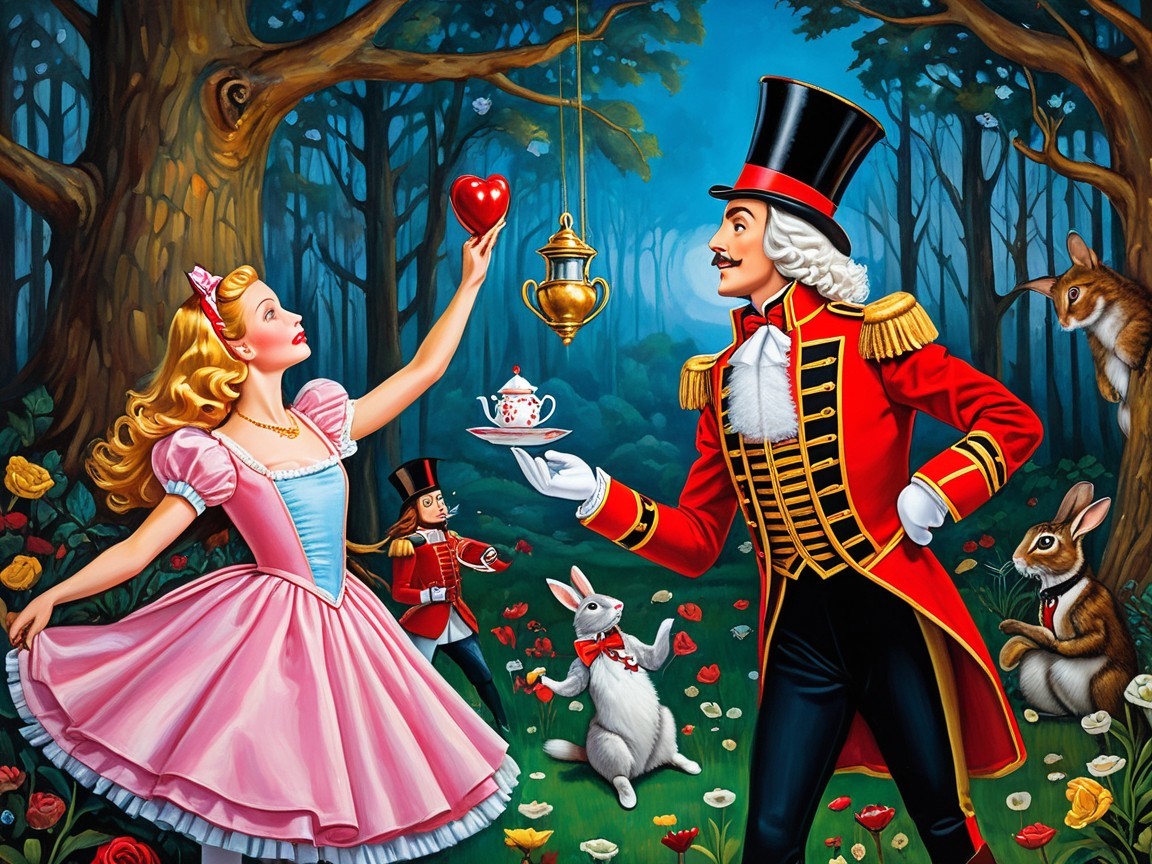 Whimsical Forest Scene with Young Woman and Creatures