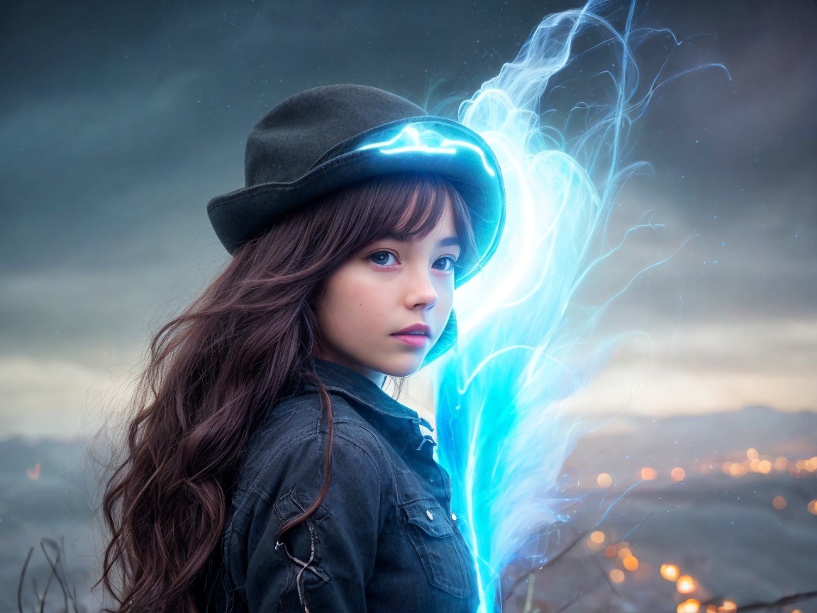 Young girl in black hat amidst dramatic landscape