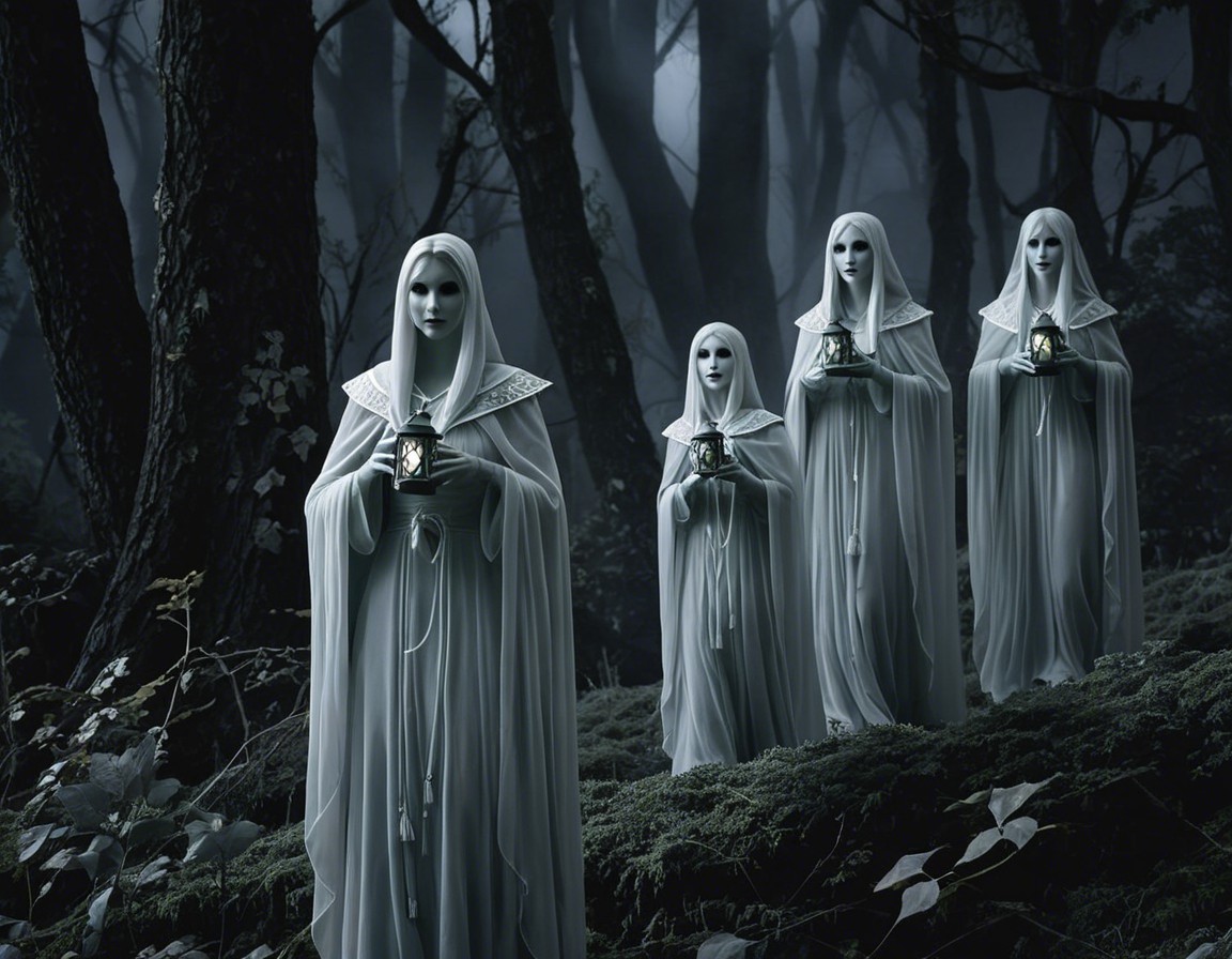 Ethereal Figures in a Dimly Lit Forest Setting