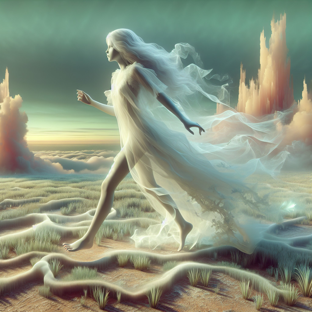 Ethereal figure in translucent gown in surreal landscape