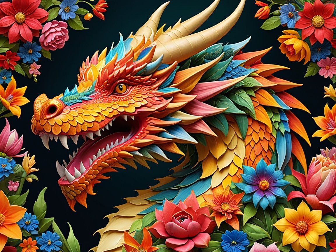 Vibrant Dragon Head Among Colorful Flowers