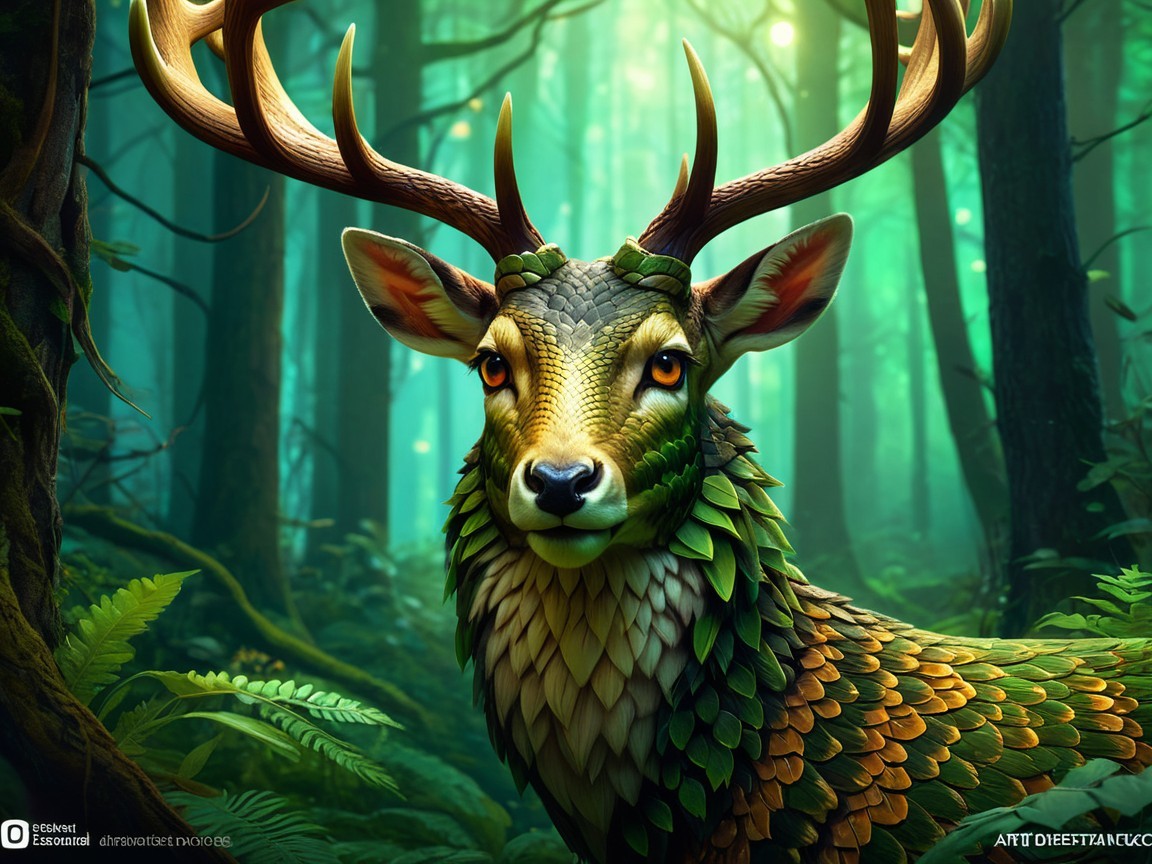 Majestic deer with leaf-adorned antlers in forest