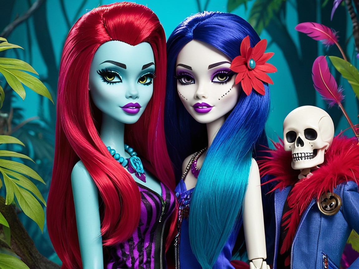 Vividly Designed Dolls in Tropical Setting with Skeleton