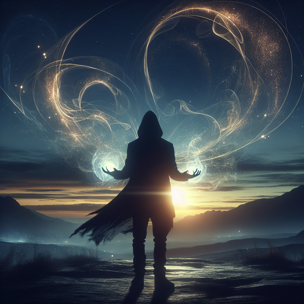 Silhouetted Figure at Sunset with Ethereal Light Swirls