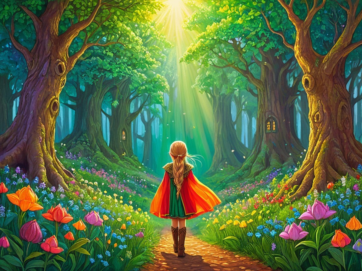 Young girl in red cape on forest path with flowers