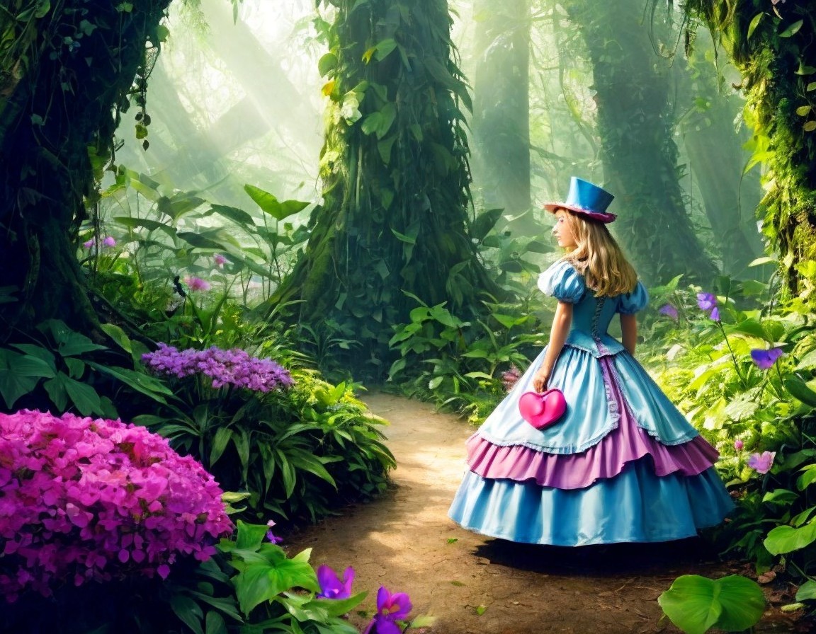 Young girl in colorful dress in enchanted forest