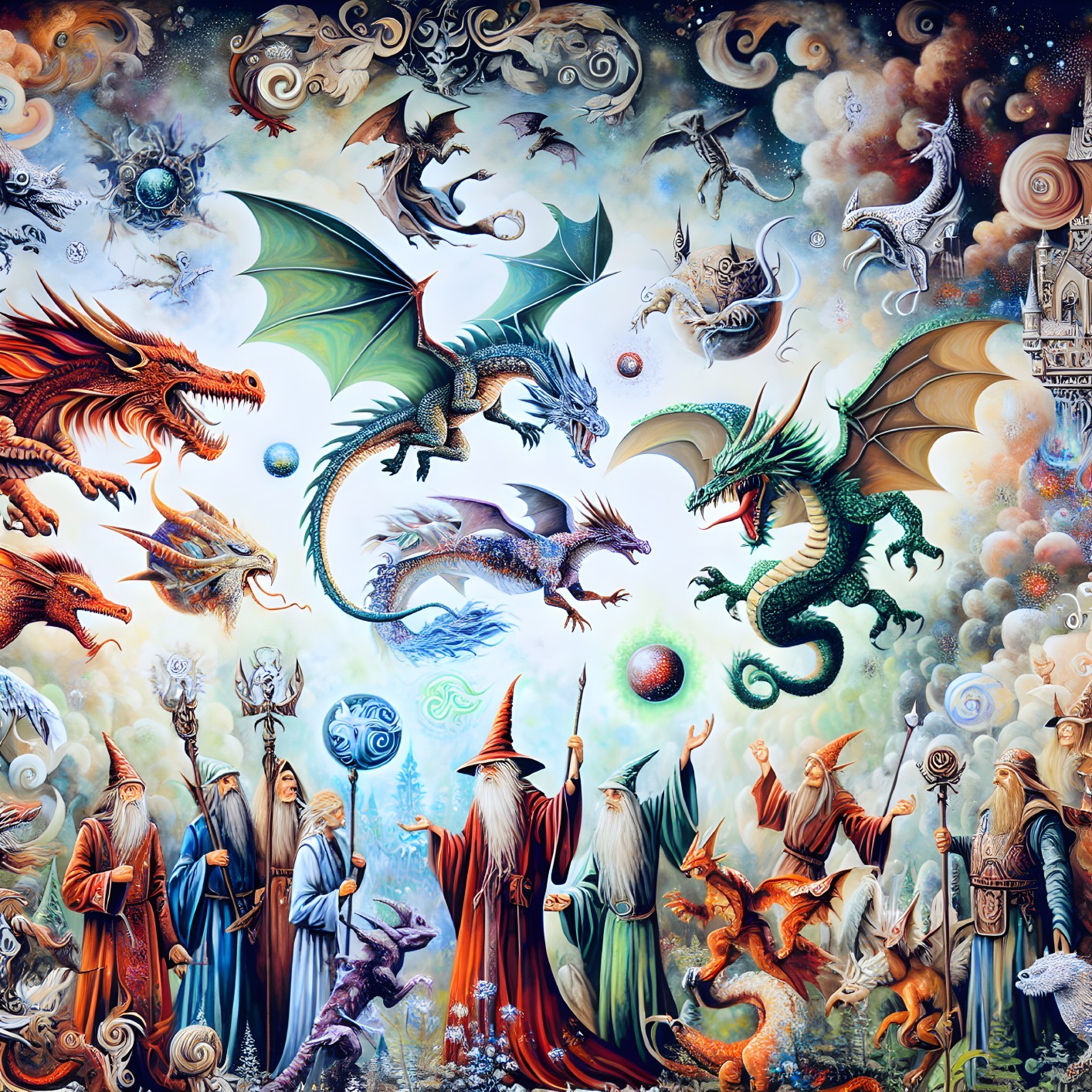Vibrant Dragons and Wizards in a Mystical Sky Scene