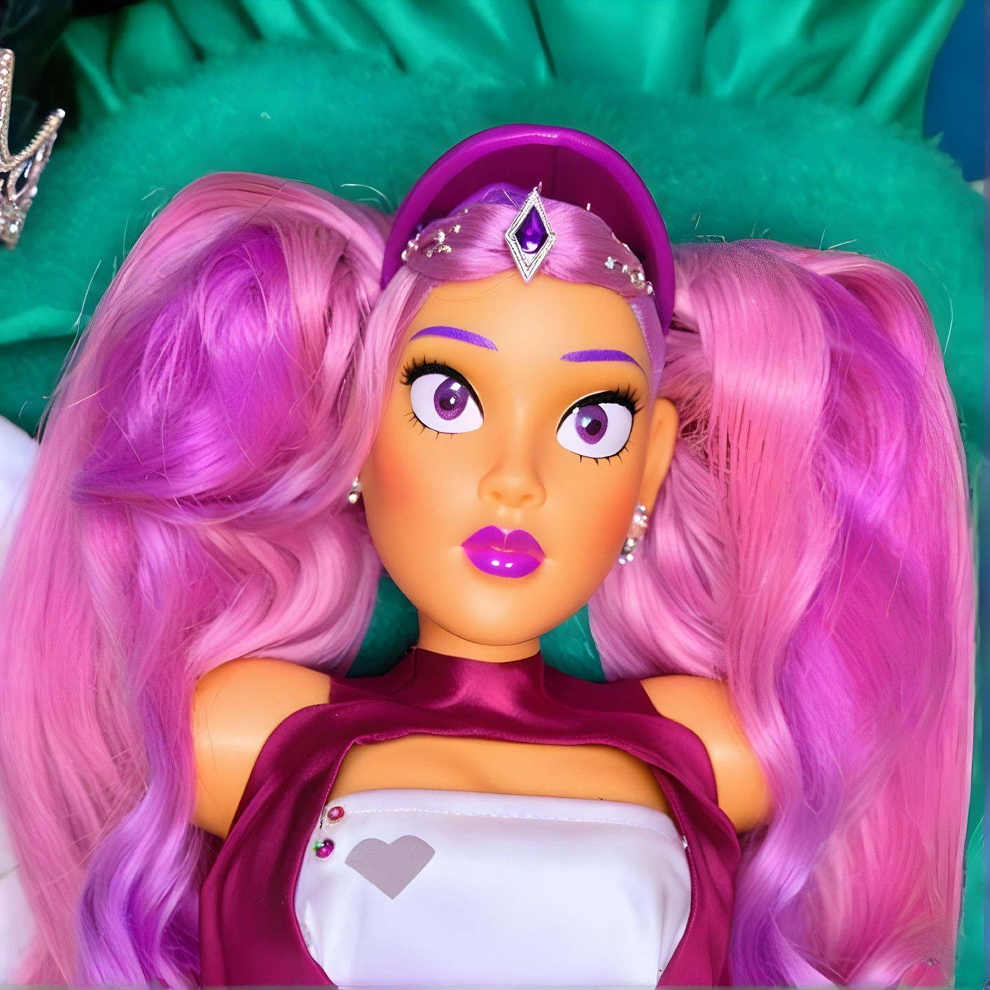 Stylized Doll with Purple Hair and Colorful Fabrics