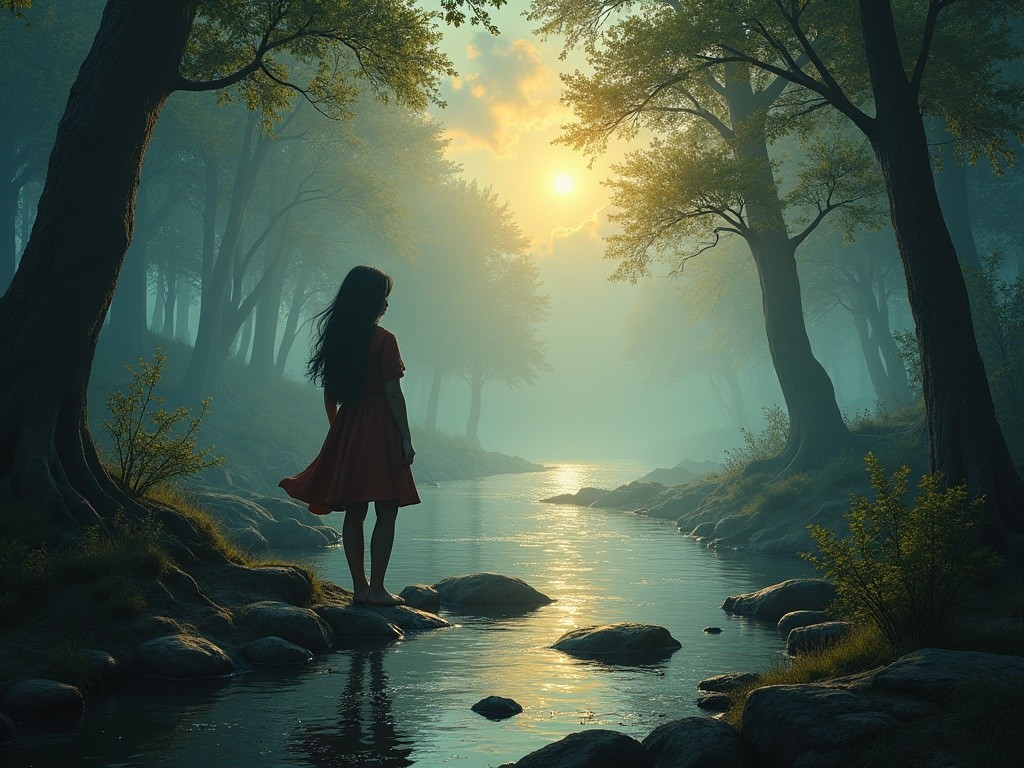 Serene forest scene with girl by tranquil stream