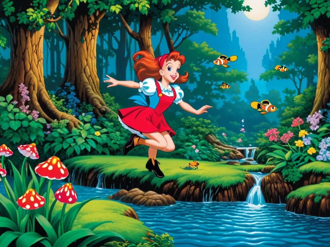 Cheerful girl dancing in a vibrant forest setting