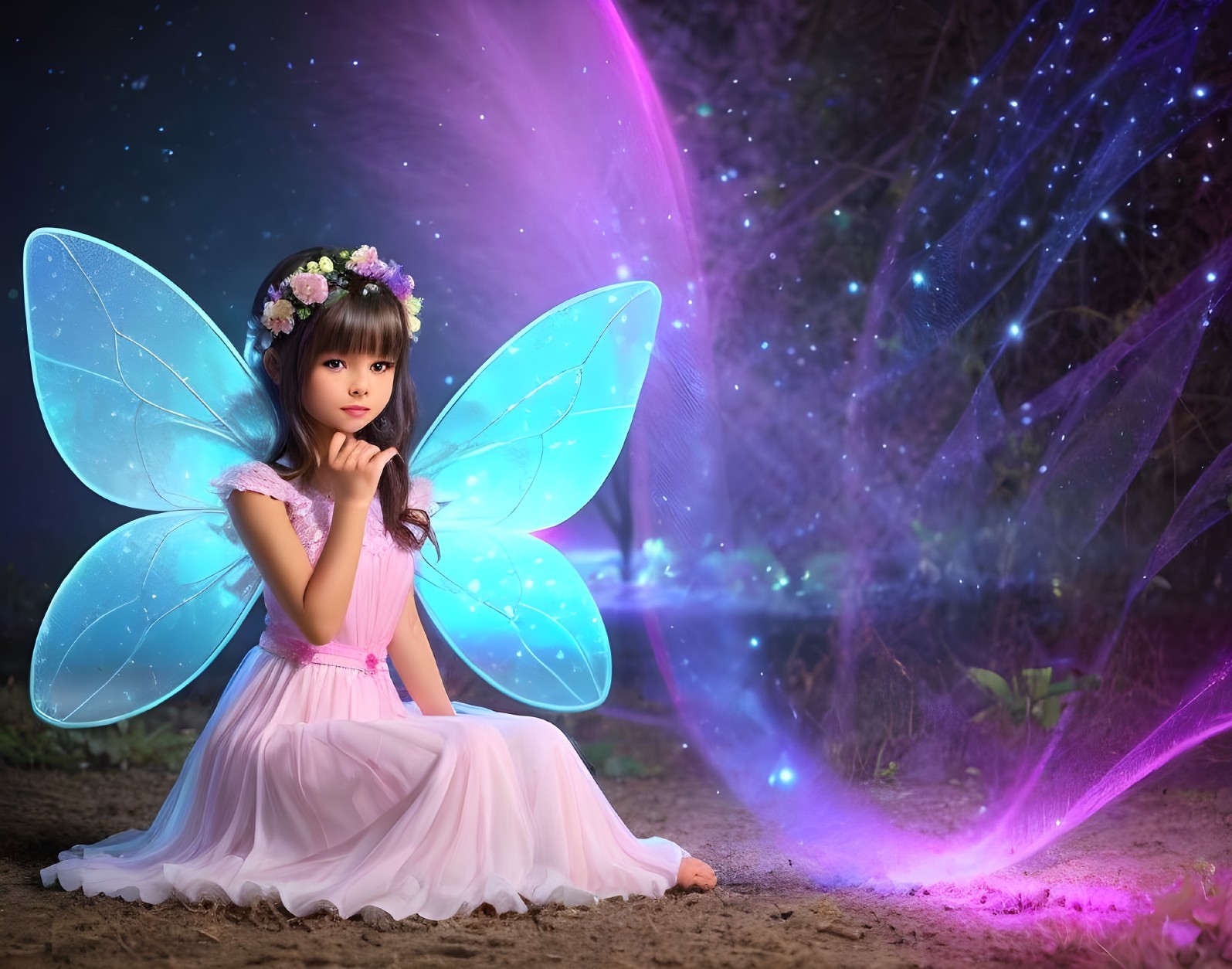 Young girl in pink dress with blue fairy wings