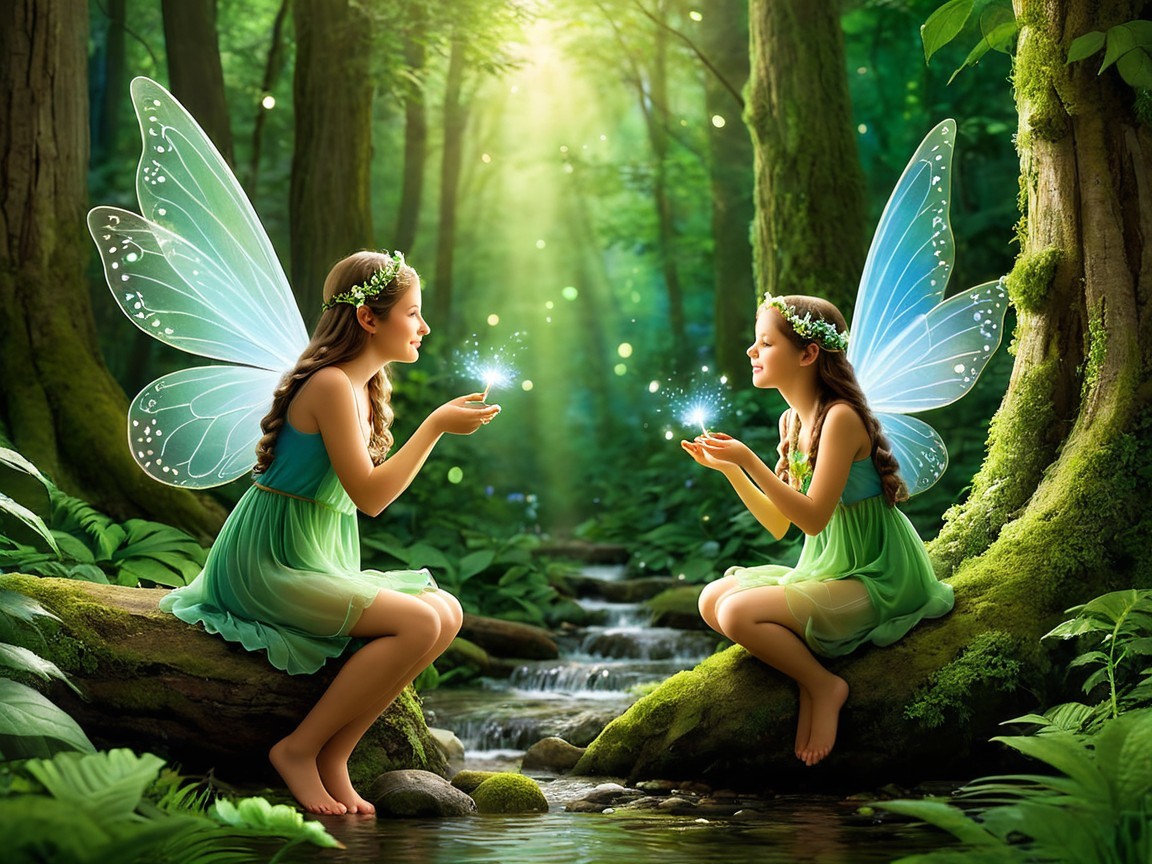 Fairies in a Magical Forest by a Sparkling Stream