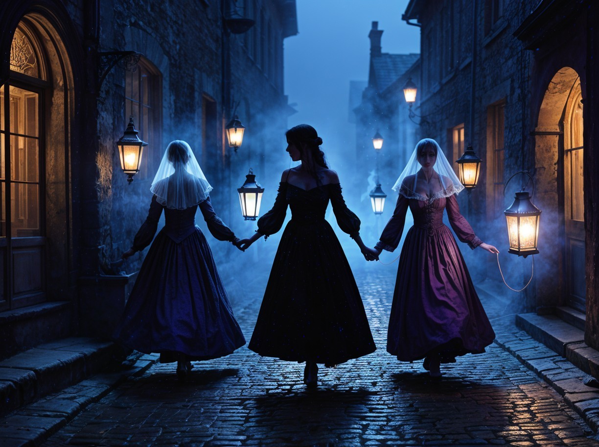 Elegant women in vintage gowns on a misty street