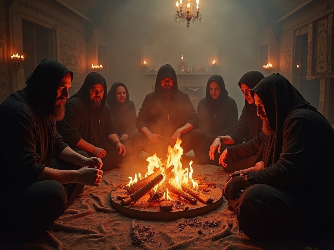 Hooded Figures Gather Around Glowing Campfire
