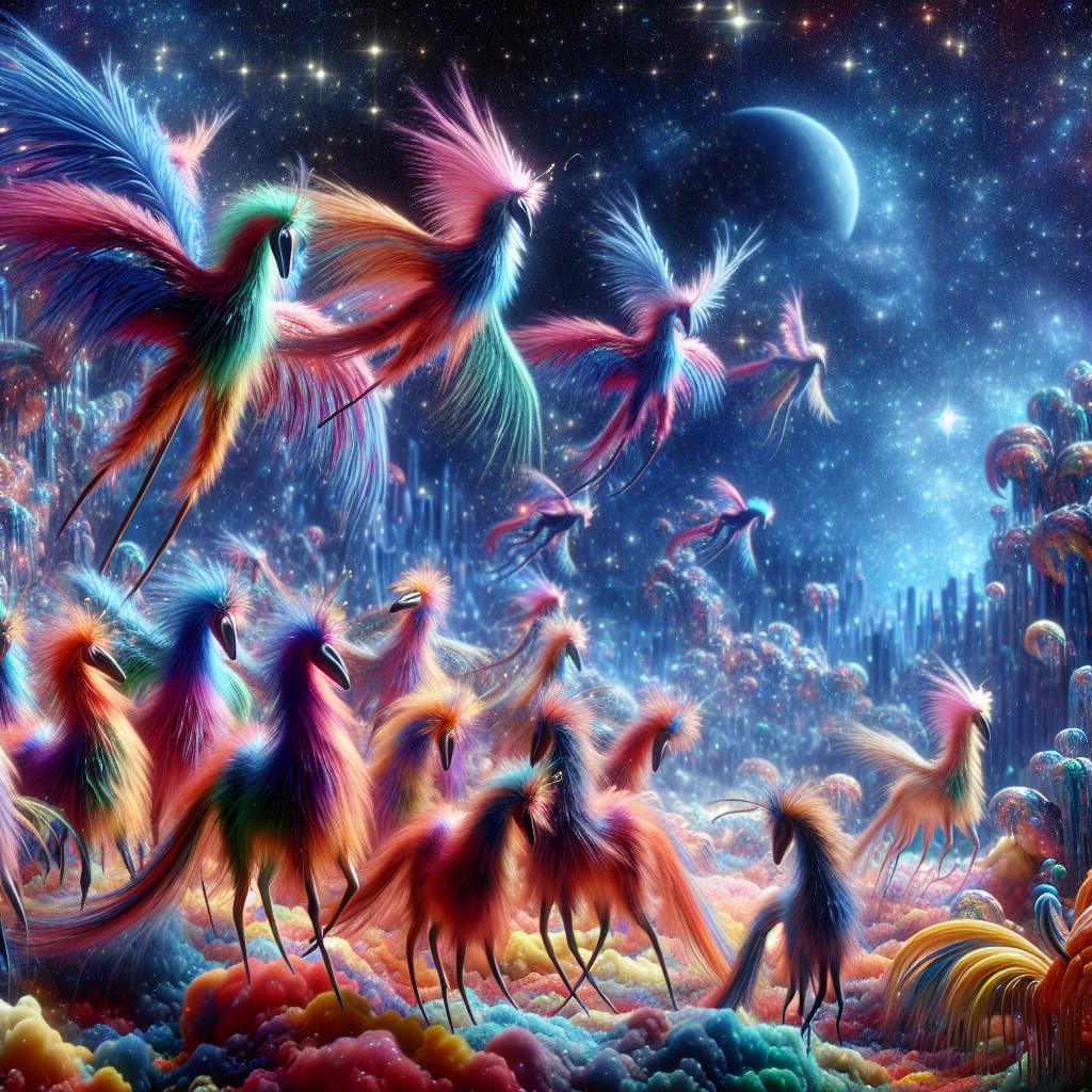 Colorful Feathered Creatures in a Cosmic Landscape