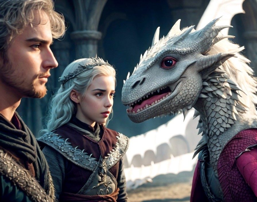 Medieval Fantasy Scene with Dragon and Two Characters