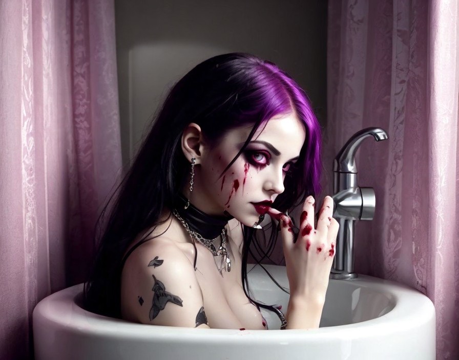 Striking figure in bathtub with vibrant purple highlights