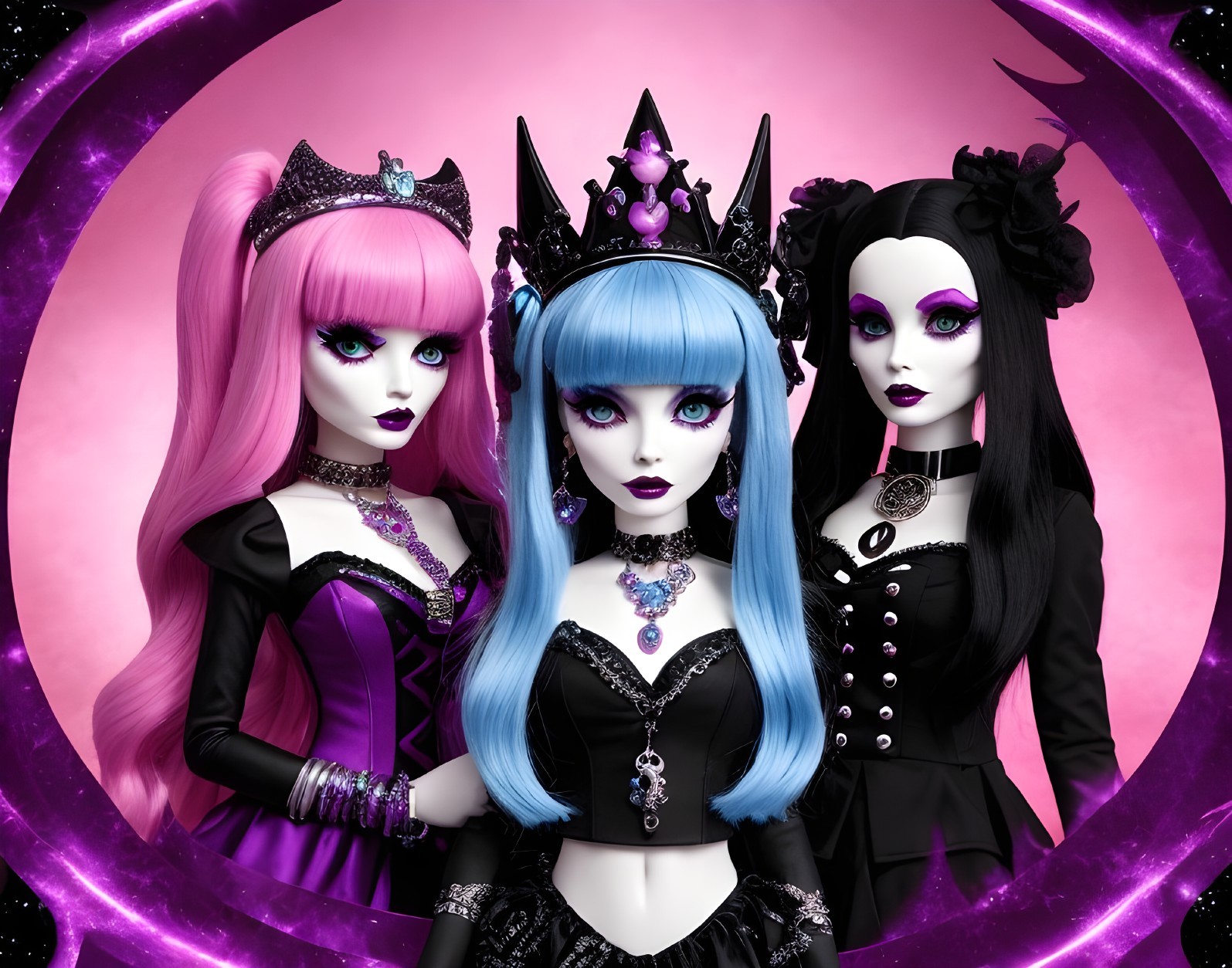 Stylish Dolls with Vibrant Hairstyles and Gothic Aesthetic