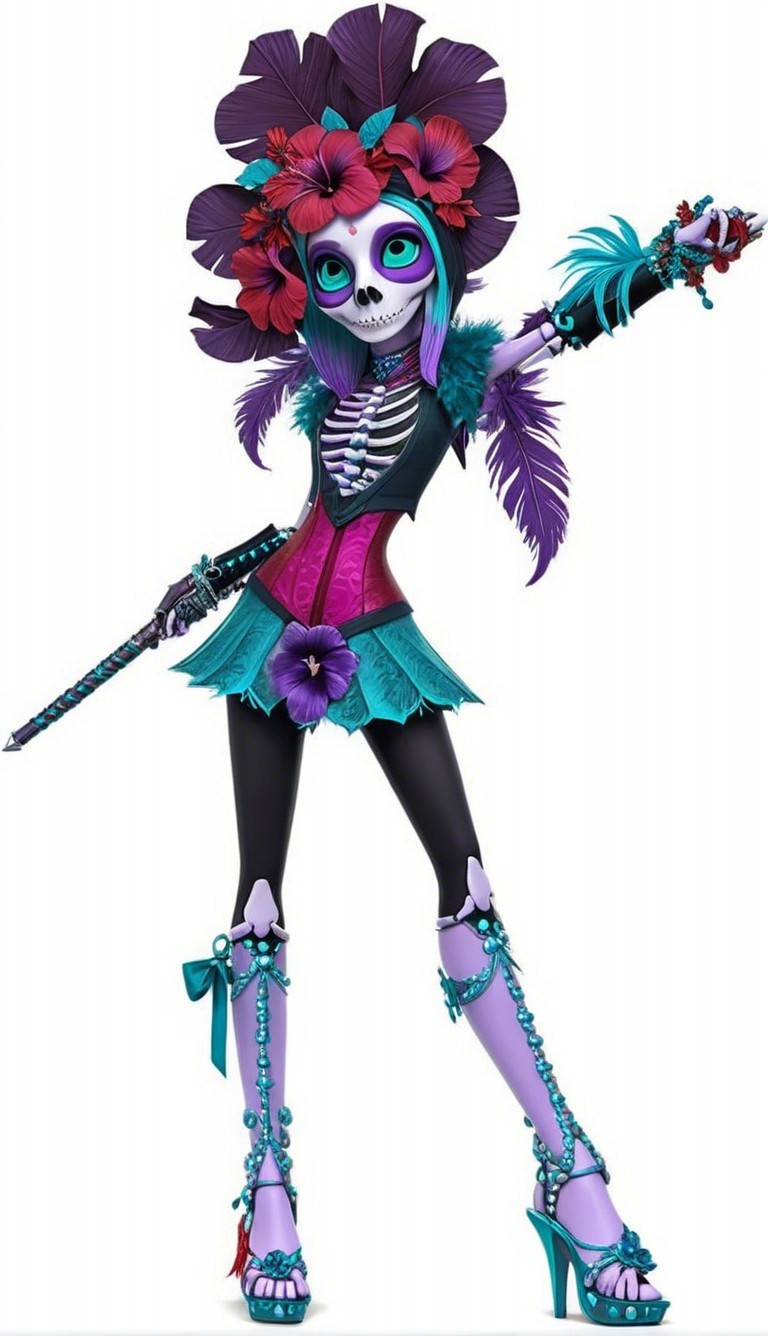 Stylized Female Skeleton Character in Colorful Outfit