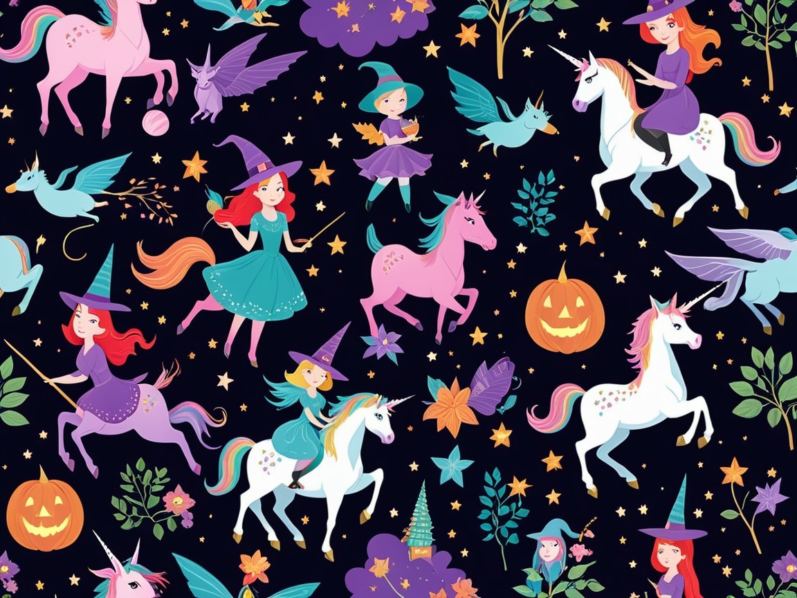 Colorful Witches and Unicorns in Whimsical Pattern