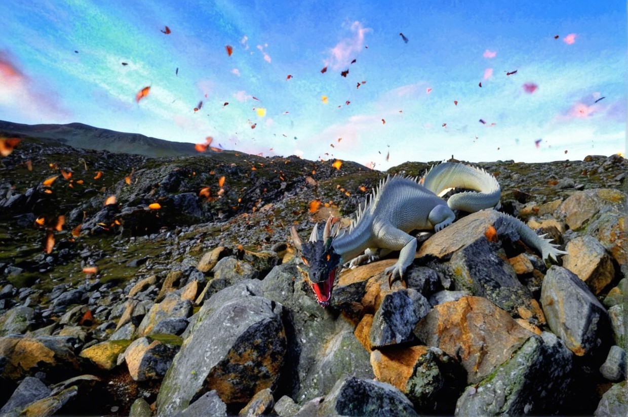 Dragon on Boulders Surrounded by Colorful Leaves