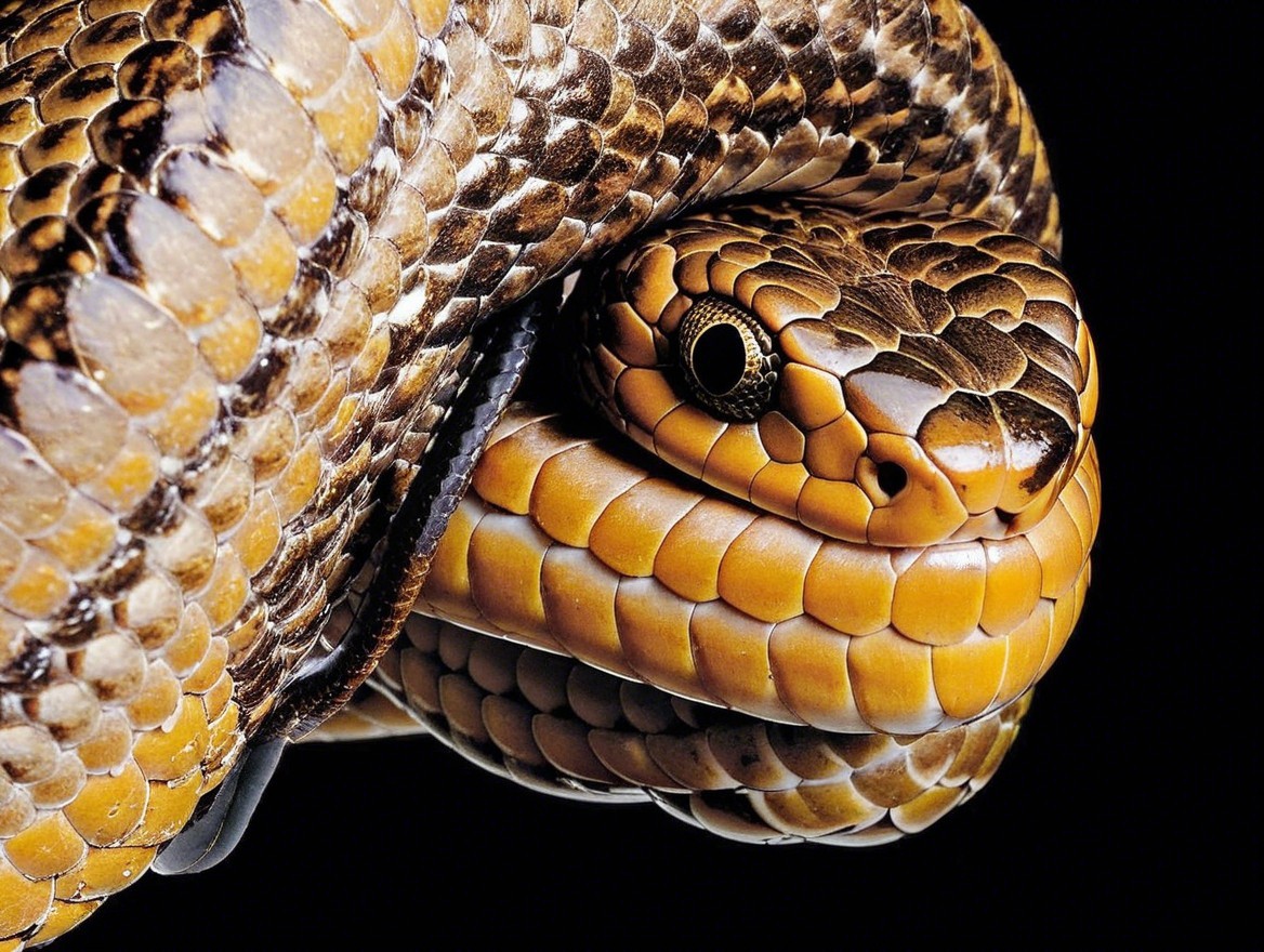 Close-up of a patterned golden and brown snake