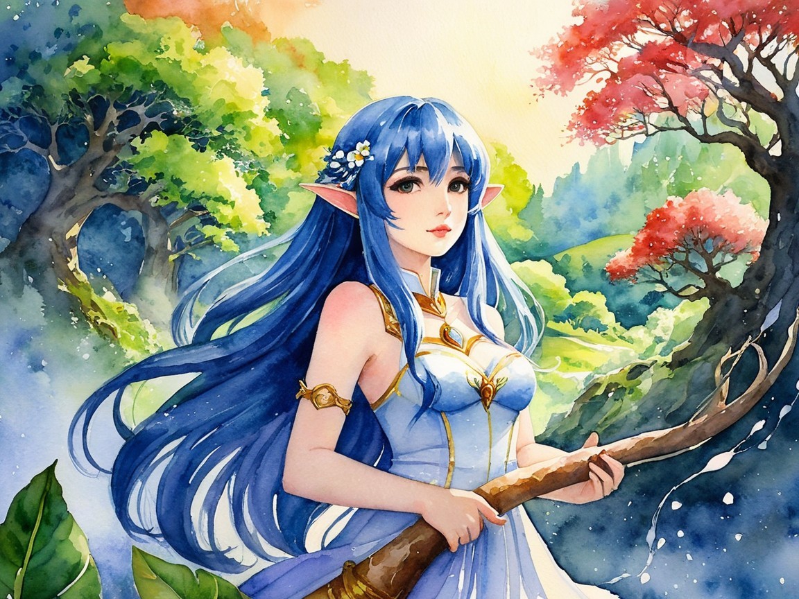 Elegant Elf in Vibrant Forest with Blue Gown and Staff