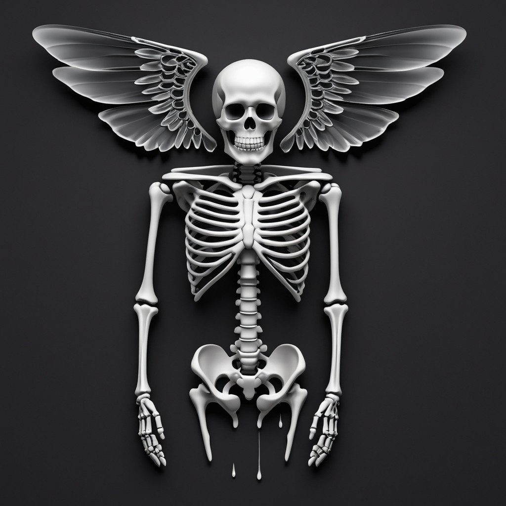 Stylized Skeleton with Ethereal Wings on Dark Background