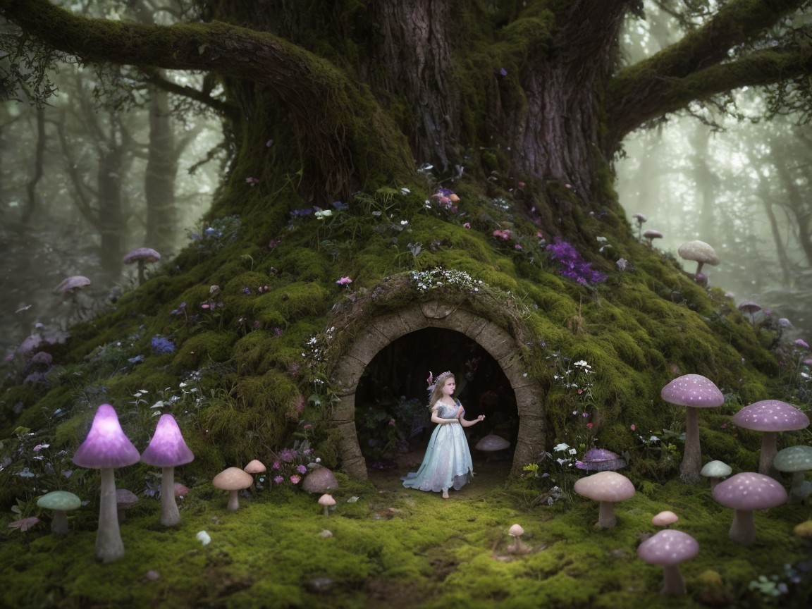 Whimsical Fairy Scene at an Ancient Tree Base