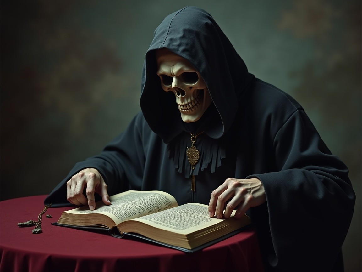 Skeletal Figure in Hooded Robe Reading Arcane Text
