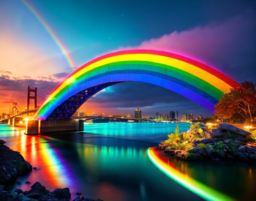 Illuminated Rainbow Over Tranquil Water at Twilight