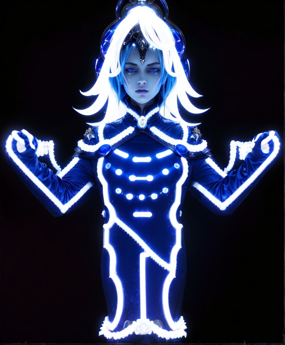 Futuristic Figure in Glowing Blue Sci-Fi Attire