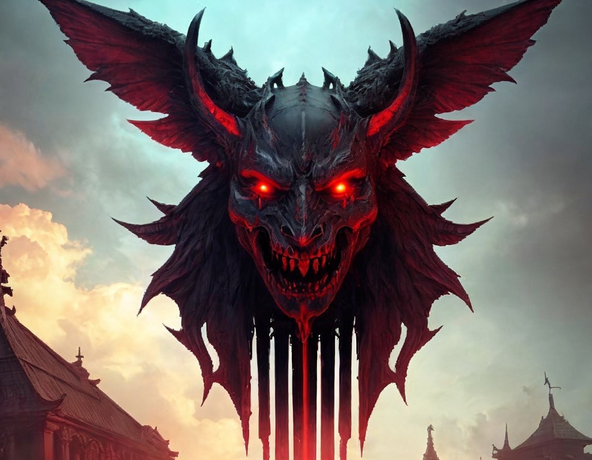 Demonic Figure with Dragon Head and Dark Wings
