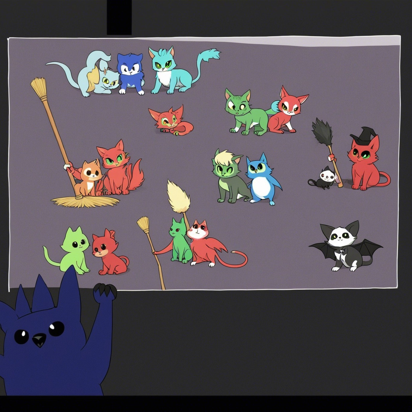 Colorful Cartoon Cats and Kittens in Whimsical Scene