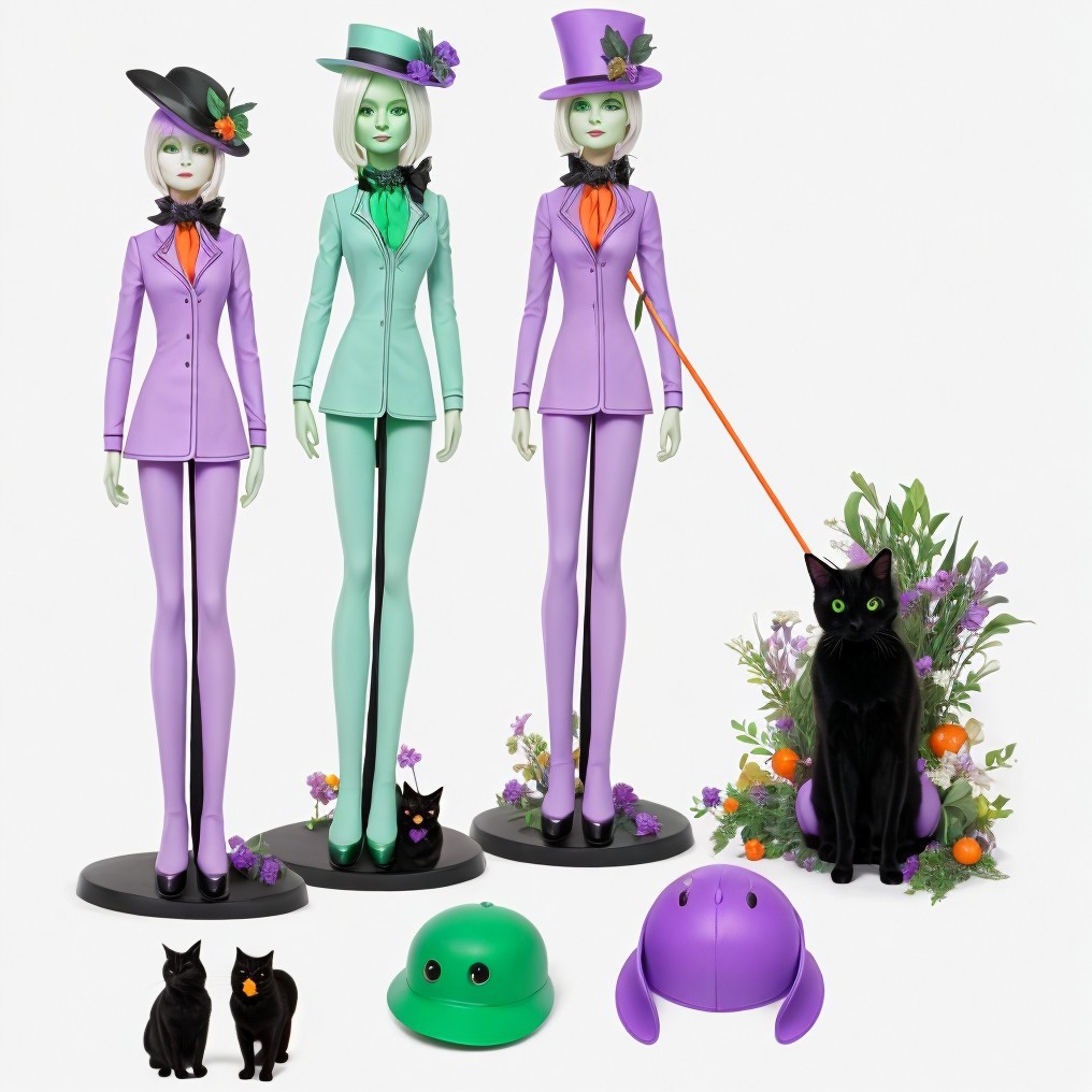 Stylized Dolls in Pastel Outfits with Cats and Accessories