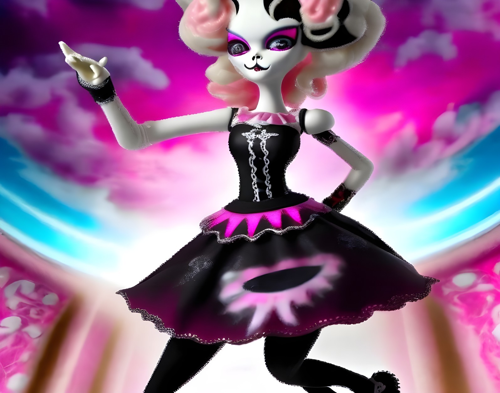 Whimsical Doll Character with Black and Pink Outfit